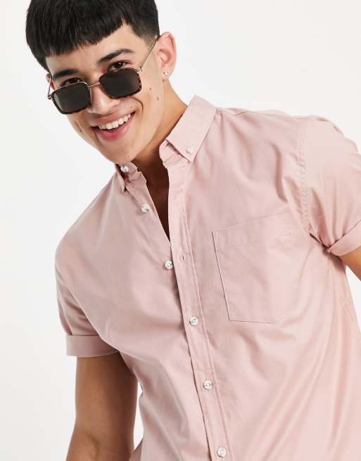 Topman - Oxford overhemd met korte mouwen in roze  