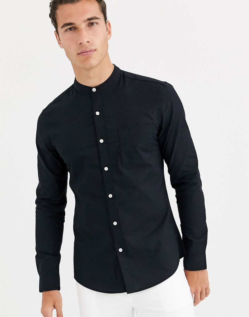 Topman - Oxford overhemd met lange mouwen zonder kraag in zwart-Rood