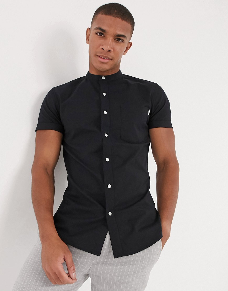 Topman - Oxford overhemd met stretch en korte mouwen in zwart
