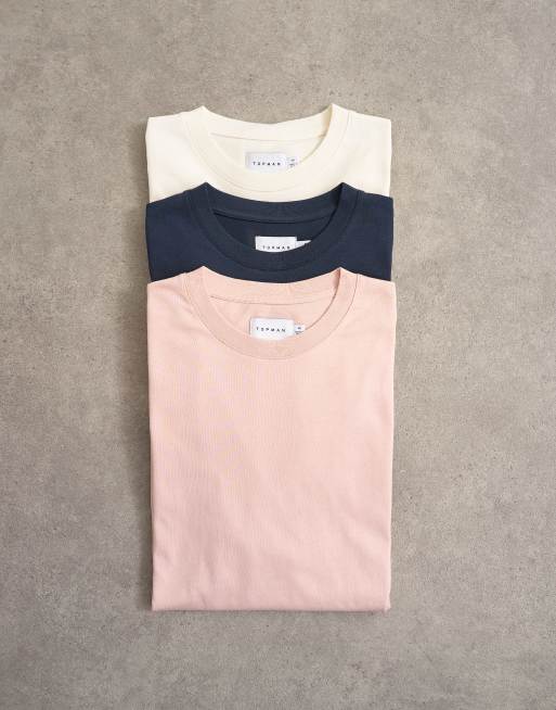 Topman - Pack de 3 camisetas de color azul marino, crudo y rosa de corte clásico