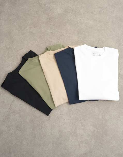 Topman - Pack de 5 camisetas de color negro, blanco, caqui, azul marino y piedra de corte clásico - view 1