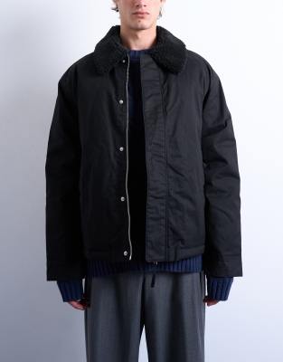Topman Topman padded coach jacket with borg collar in black