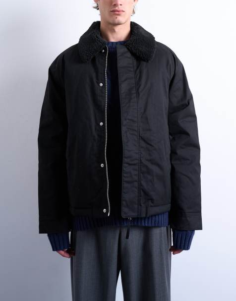 Topman padded coach jacket with borg collar in black - view 1