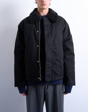 Topman padded coach jacket with borg collar in black