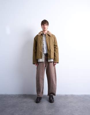 Topman Topman padded coach jacket with borg collar in stone-Green