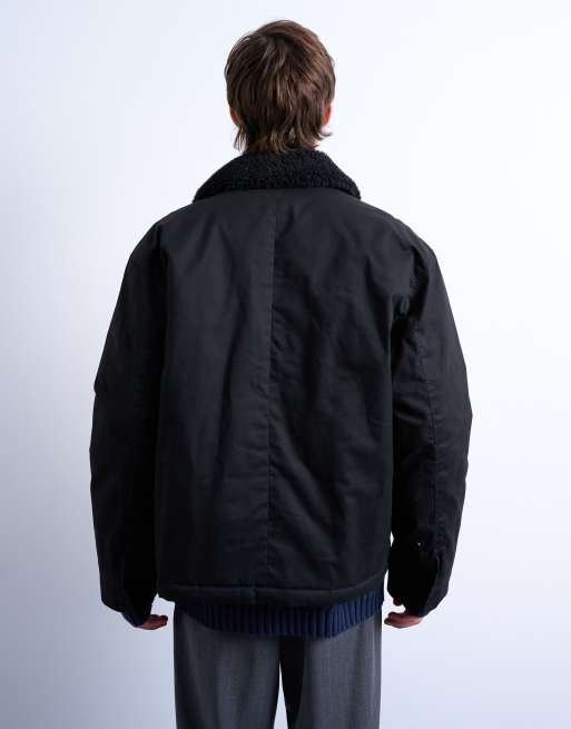 Topman padded coach jacket with teddy collar in black, 3 of 5