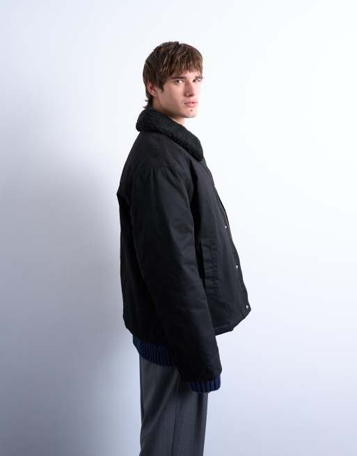 Topman padded coach jacket with teddy collar in black, 5 of 5