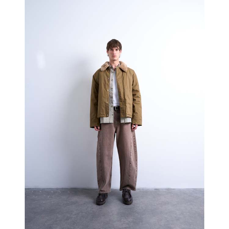 Topman padded coach jacket with teddy collar in stone | ASOS