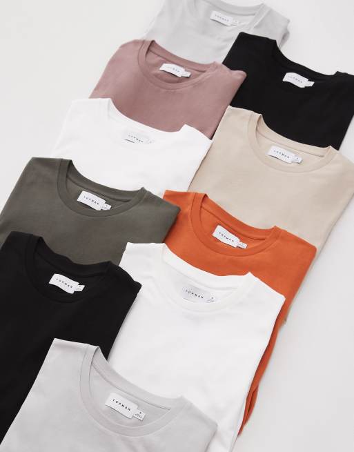 Topman - Pakke med 10 T-shirts i sort/hvid/lysegrå/beige/rustrød/gråbrun/kakigrøn i regular fit