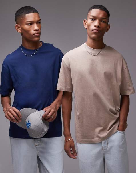 Topman - Pakke med 2 blå og lysebrune forvaskede T-shirts i oversized pasform - view 1