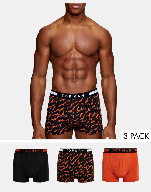Topman - Pakke med 3 par boksershorts i sort/orange/leopardprint