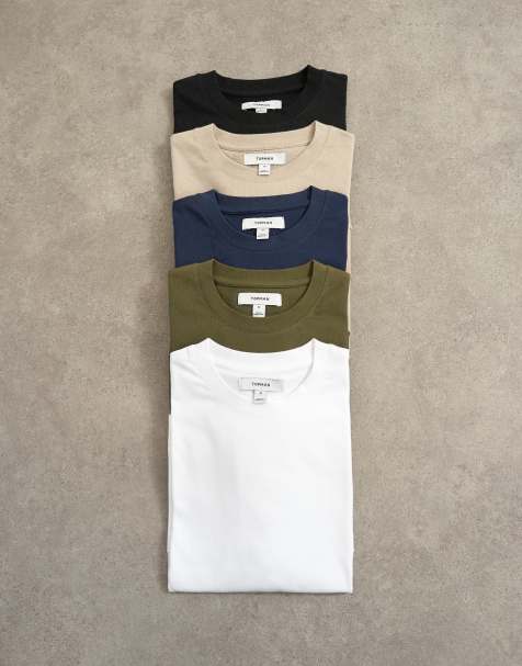 Topman pakke med 5 klassiske T-shirts i sort, hvid, beige, navy og khaki - view 1