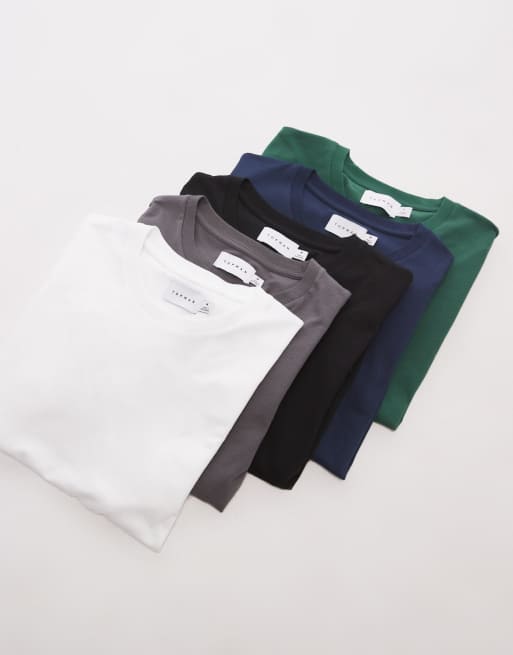 Topman - Pakke med 5 T-shirts i sort/hvid/marineblå/koksgrå/grøn i regular fit