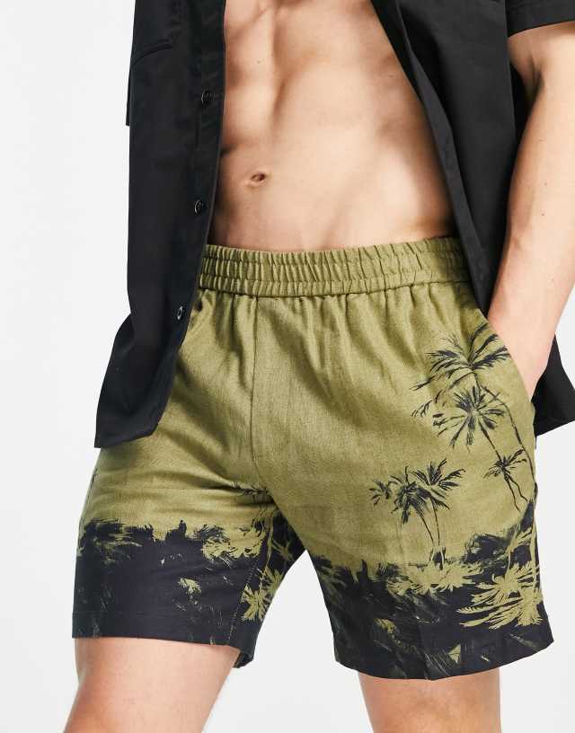 Topman palm tree printed linen mix shorts in khaki