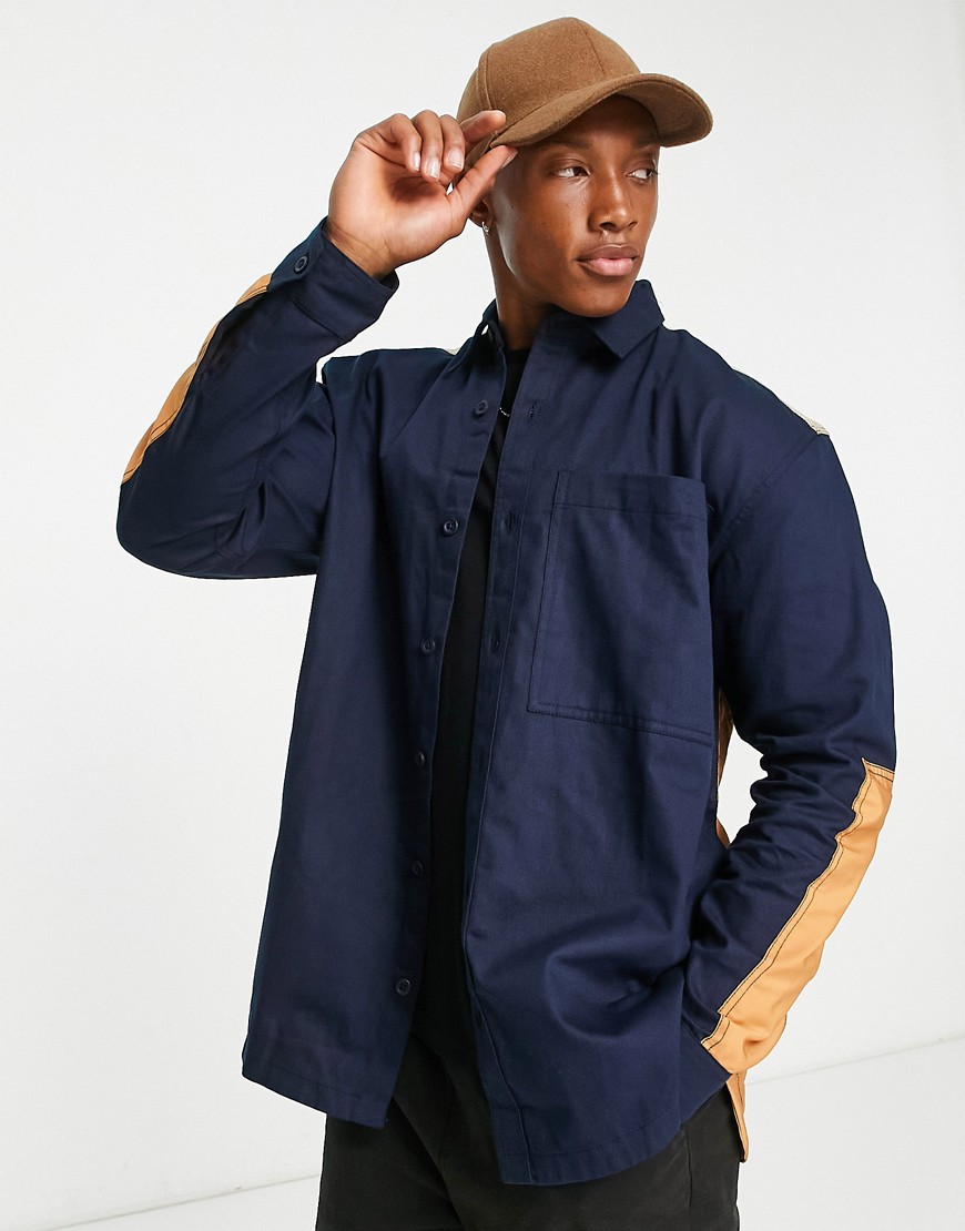 Topman paneled shirt with quilting in navy and tobacco