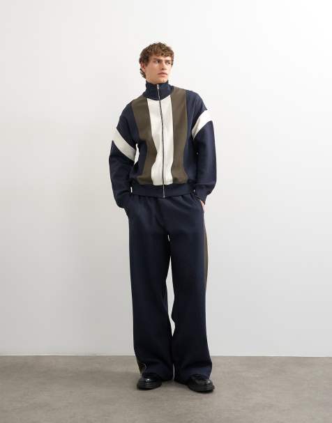 Topman panelled pique track top and trackies in navy - view 1