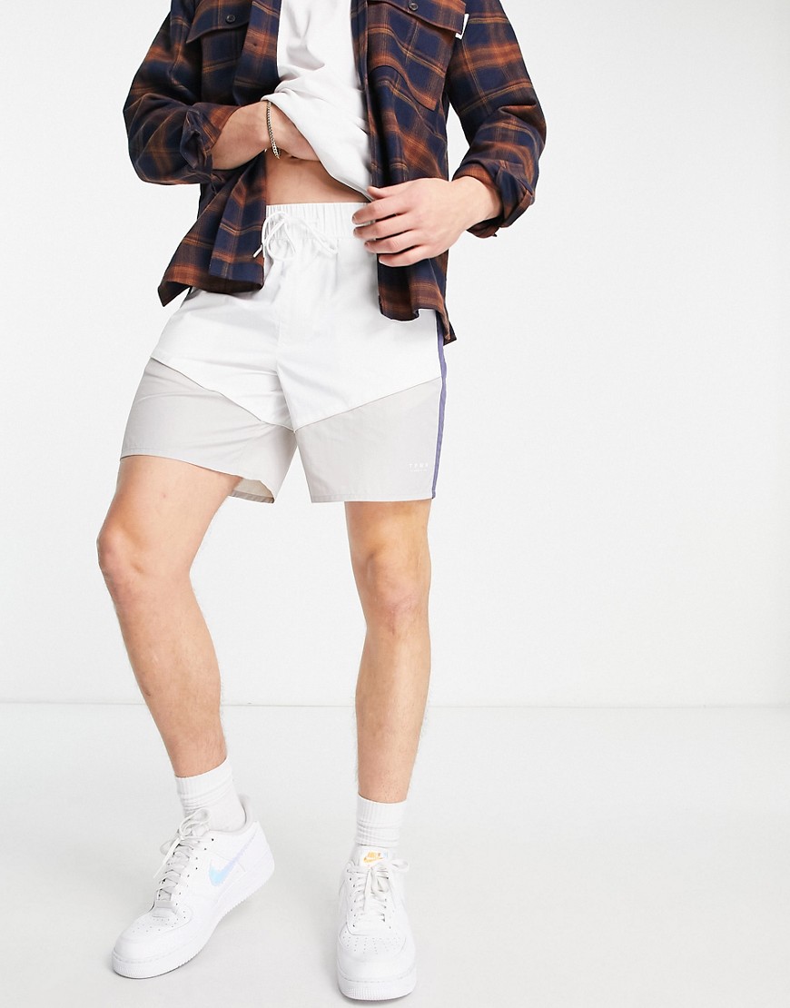Topman panelled sports shorts in white and purple
