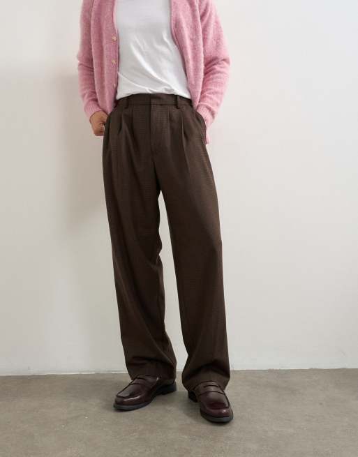 Topman pantalon à jambes larges à motif pied-de-poule avec triples plis marron, 4 de 5