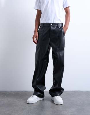 Topman - Pantalon baggy en similicuir - Noir