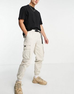 Pantalons cargo Topman - Pantalon cargo skinny avec ceinture et empiècement latéral - Taupe