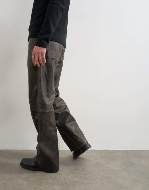 Topman pantalon coupe droite en cuir véritable marron espresso, 4 de 5