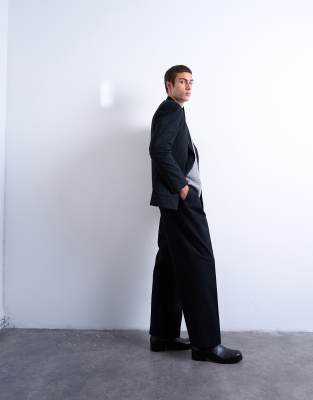 Topman - Pantalon de costume ample en laine mélangée à rayures - Bleu marine