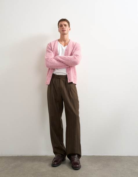 Topman pantalón de pernera ancha a rayas con pinzas en marrón chocolate - view 1
