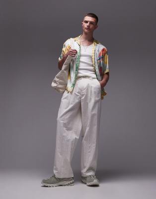 Topman - Pantalon large de qualité supérieure à taille froncée - Écru-Blanc