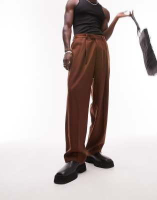 Topman - Pantalon large en laine mélangée - Marron
