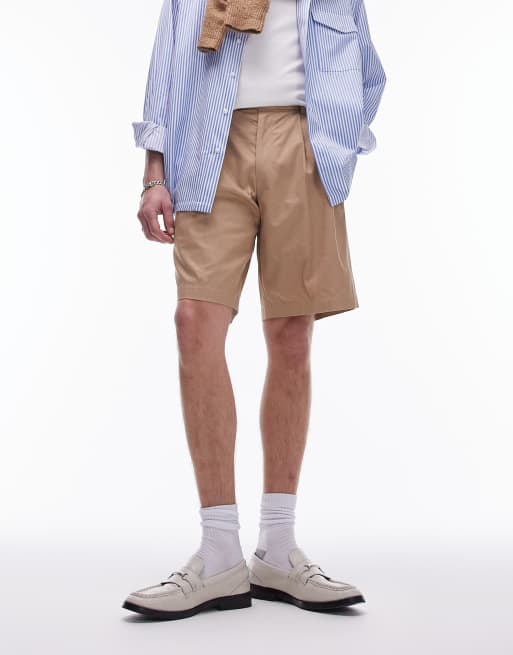 Topman - Pantaloncini a fondo ampio color pietra con doppie pieghe, 4 di 5
