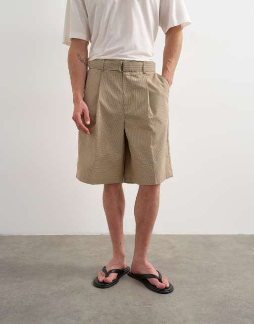 Topman - Pantaloncini a fondo ampio colore neutro a quadri con cintura