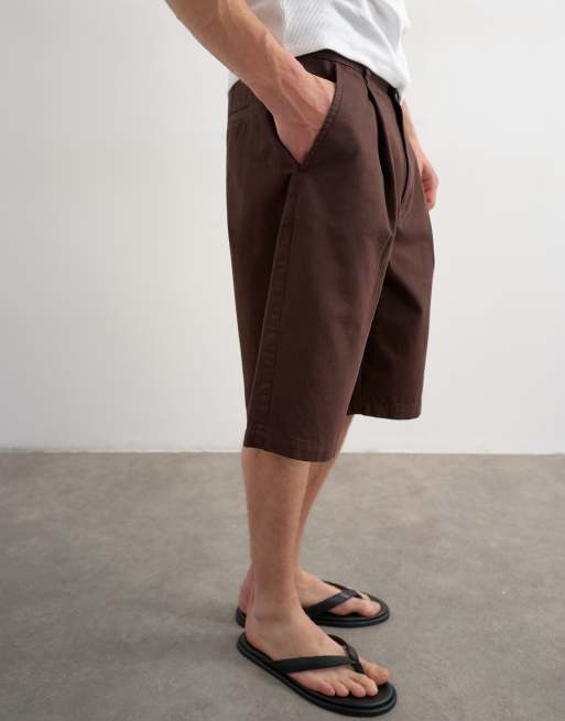 Topman - Pantaloncini bermuda a fondo ampio in twill marrone con pieghe, 5 di 5