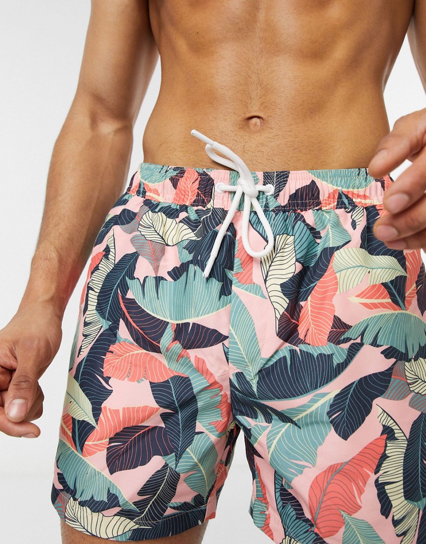 Topman - Pantaloncini da bagno in tessuto riciclato rosa con stampa di palme