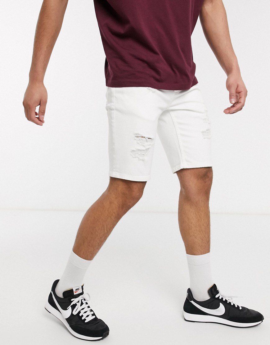 Topman - Pantaloncini di jeans skinny bianchi con strappi-Bianco