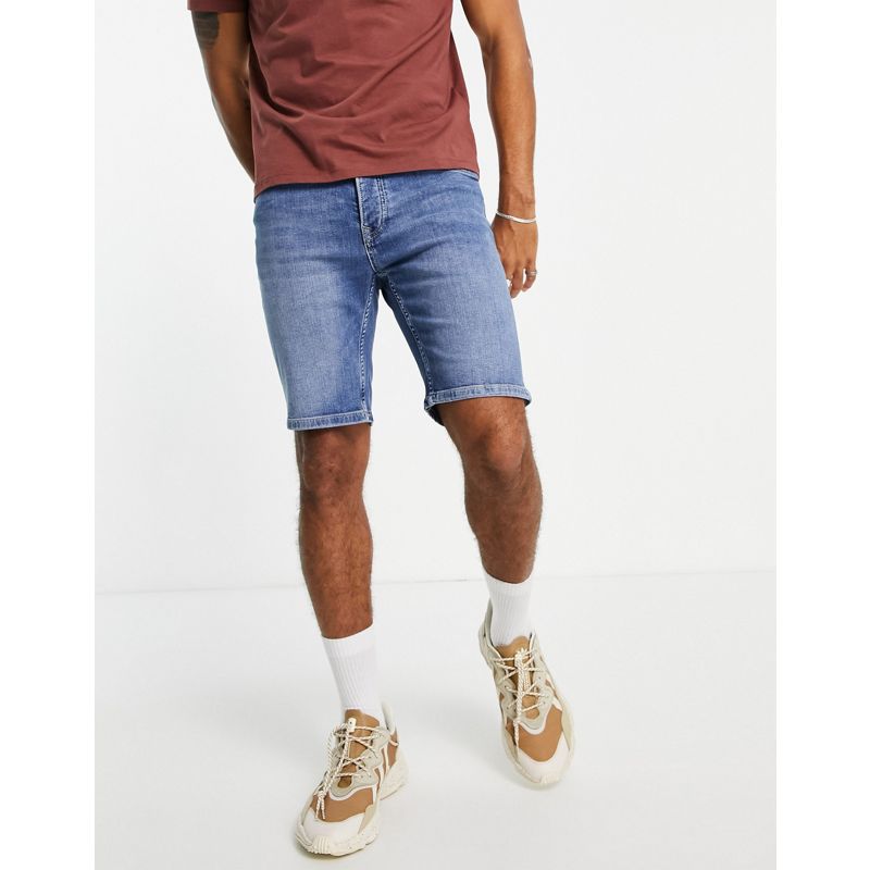 iI3Lx Uomo Topman - Pantaloncini di jeans skinny elasticizzati lavaggio medio