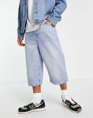 Topman - Pantaloncini di jeans taglio lungo lavaggio medio 