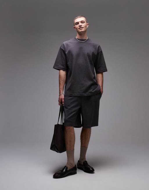 Topman - Pantaloncini in misto lino oversize color antracite