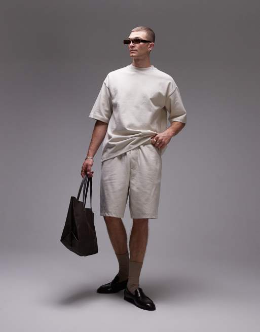 Topman - Pantaloncini in misto lino oversize color pietra