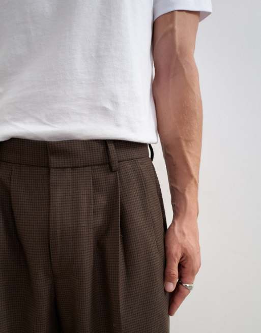 Topman pantalone a gamba larga a micro pied de poule marrone con pieghe triple, 3 di 5