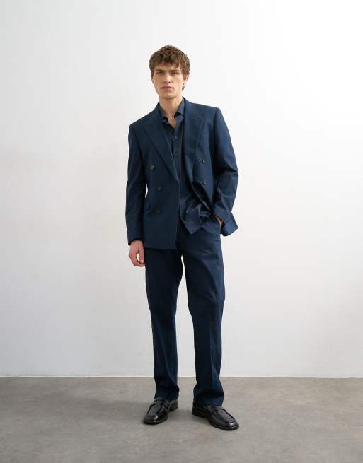 Traje azul marino con doble botonadura de lino de Topman, 3 de 3