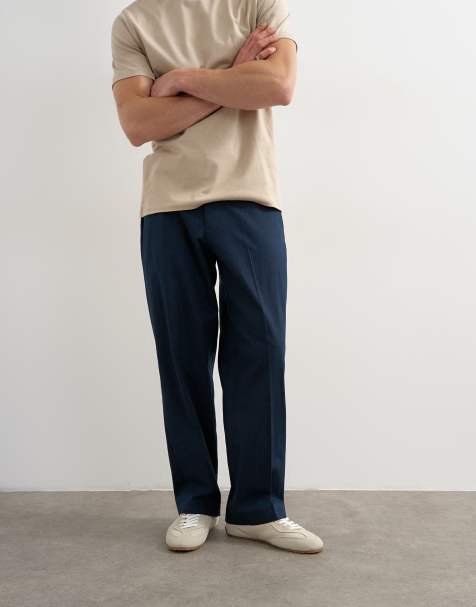 Topman - Pantalones azul marino de pernera ancha de tejido rico en lino - view 1