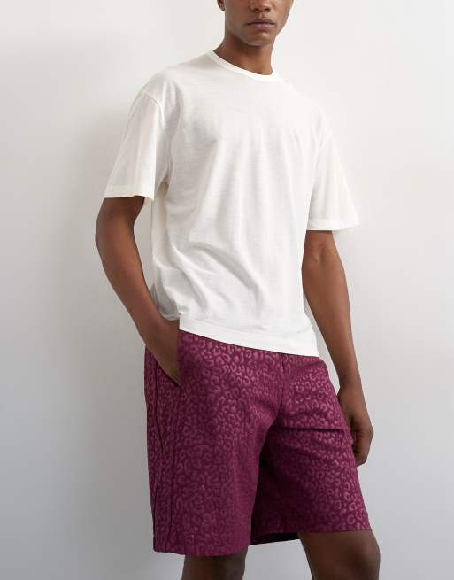 Topman - Pantalones cortos burdeos con estampado de leopardo de jacquard, 2 de 5