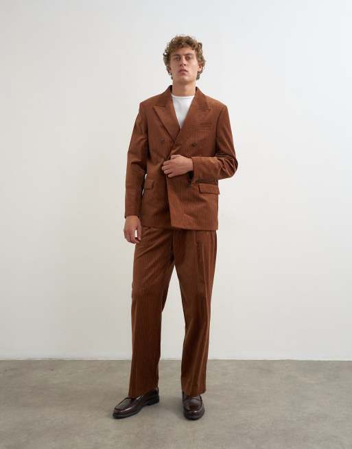 Topman pantalones de pernera ancha de terciopelo a rayas con pinzas en tostado, 2 de 5