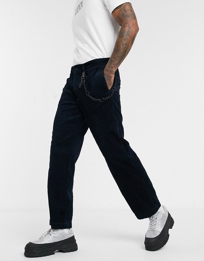 Topman - Pantaloni a coste blu navy con fondo ampio