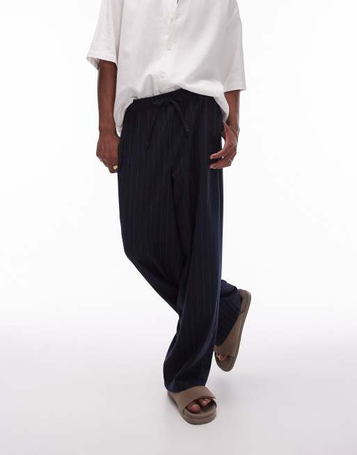 Topman - Pantaloni a fondo ampio blu navy con motivo gessato, 2 di 5