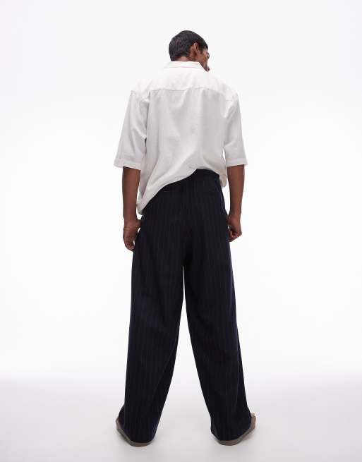 Topman - Pantaloni a fondo ampio blu navy con motivo gessato, 3 di 5