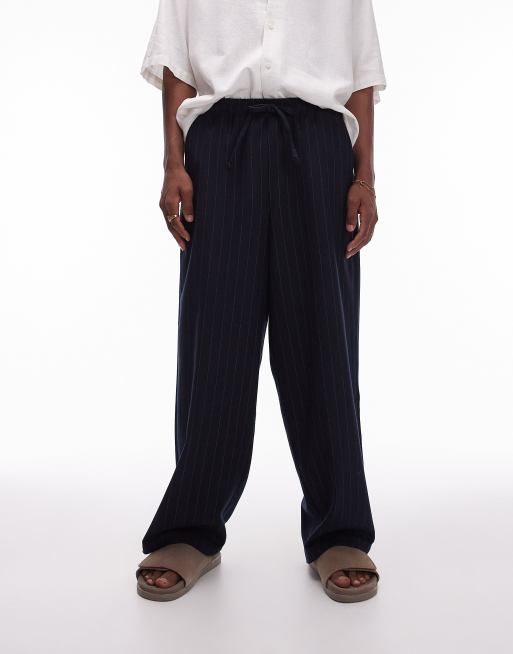 Topman - Pantaloni a fondo ampio blu navy con motivo gessato, 5 di 5
