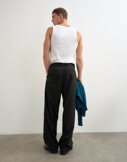 Topman pantaloni a fondo ampio con cintura e pieghe a righe sottili neri, 3 di 5