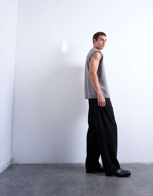 Topman - Pantaloni a fondo ampio neri a pieghe con motivo gessato, 2 di 5