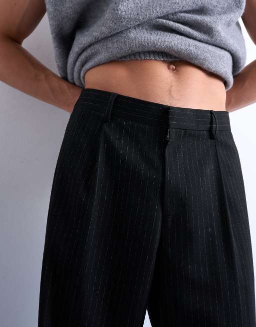 Topman - Pantaloni a fondo ampio neri a pieghe con motivo gessato, 3 di 5